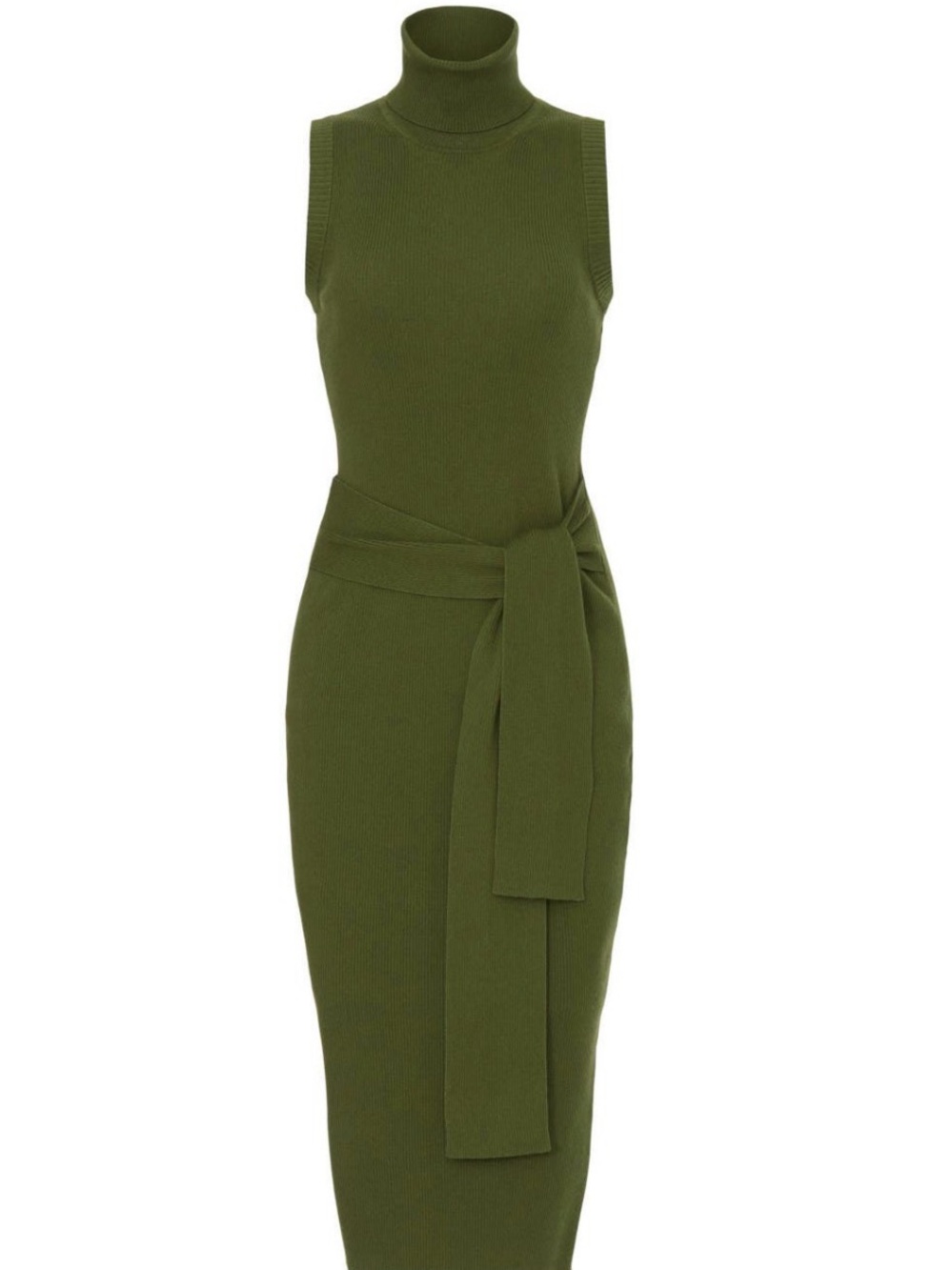 Toccin Sleeveless Olive Green Turtleneck Knit Dress with Tie Waist